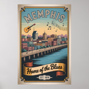 Póster Cartel retro de Memphis Tennessee Hogar del Blues