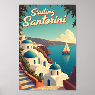 Póster Cartel retro de viaje a Santorini navegando