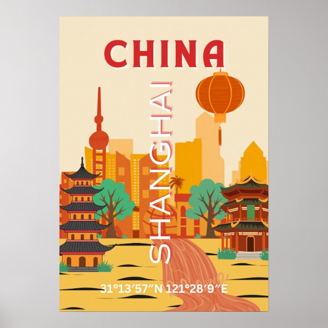 Póster Cartel Retro de Viajes a Shanghai China (Frente)