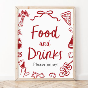Póster Cartel Rojo Italiano de Comida y Bebidas Dibujado
