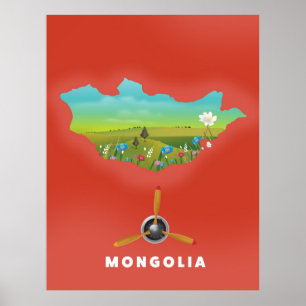 Póster Cartel turístico de mapa ilustrado de Mongolia.