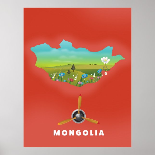 Póster Cartel turístico de mapa ilustrado de Mongolia. (Frente)