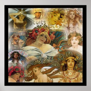 Póster Cartel Vintage de Colaje de Rostros de Alphonse Mu