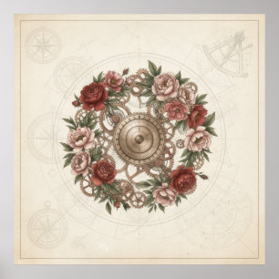 Póster Cartel vintage de corona de rosas con engranajes s