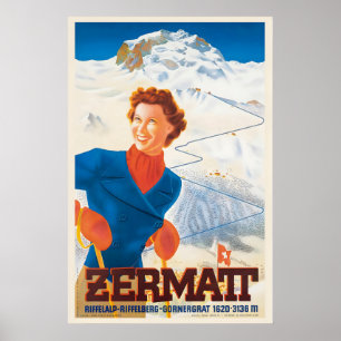 Póster Cartel vintage de esquí de Zermatt Alpes suizos Su