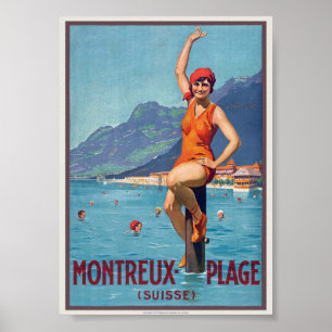 Póster Cartel vintage de Montreux Plage Suisse ca. 1920