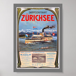 Póster Cartel vintage de navegación en vapor en el lago d
