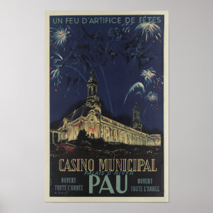 Póster Cartel vintage francés de 1939 del Pau Casino Muni