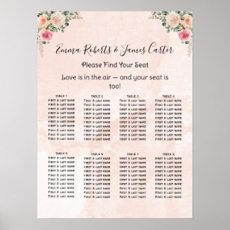 Póster Carteles de Asientos de Boda Florales Rosa Crema