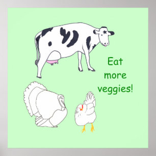 Póster Carteles de vaca pavo pollo Come más verduras