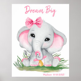 Póster Cartoel de elefante rosa soñador lindo personaliza
