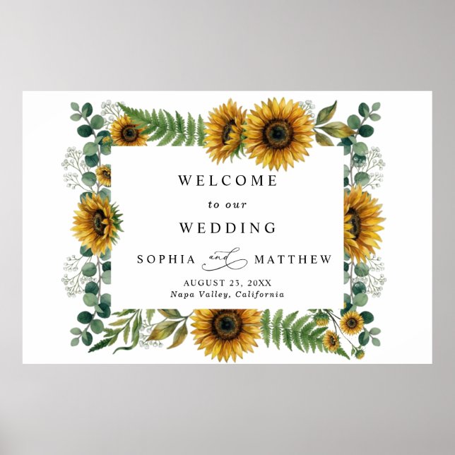 Póster Cartón de Espuma para Boda de Girasoles Rústicos (Frente)