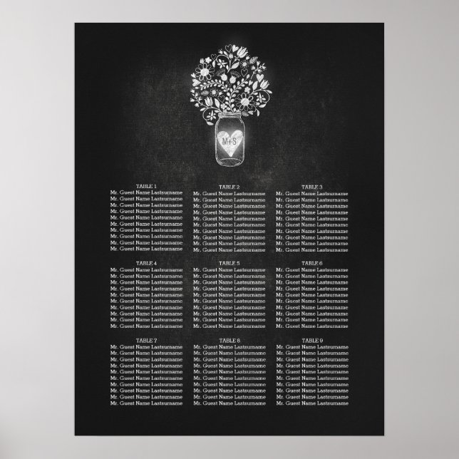 Póster Cartón de la placa de asiento del Boda Mason Jar (Frente)