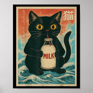 Póster Cartón de leche de bebida de gato negro Anime Funn