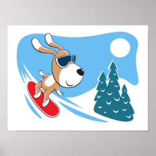 Póster Cartoon Dog Puppy Snowboard Winter Snow Sun