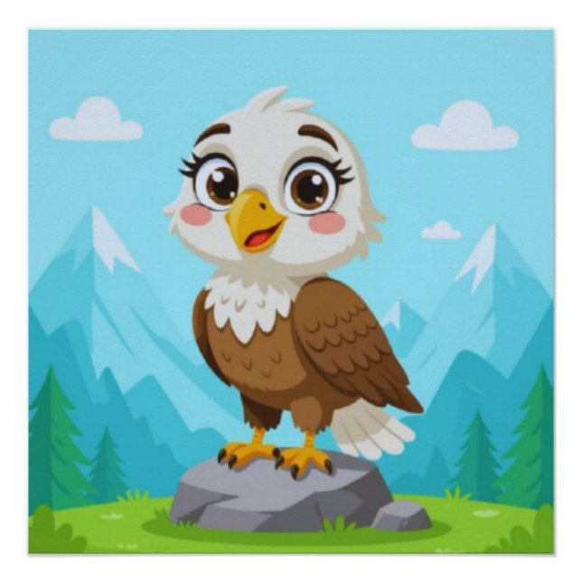 Póster Cartoon Eagle on Rock – Cute Vector Character (Anverso)