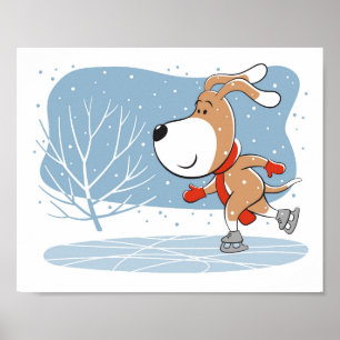 Póster Cartoon Funny Dog Puppy Ice Skating Winter Poster