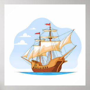 Póster Cartoon Galleon Sailing on Blue Water