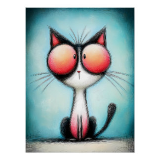 Póster Cartoon Katze mit riesigen roten Augen