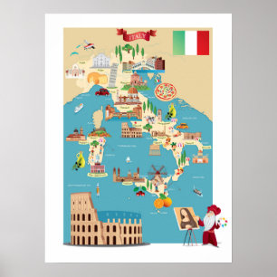 Póster Cartoon Map of Italy