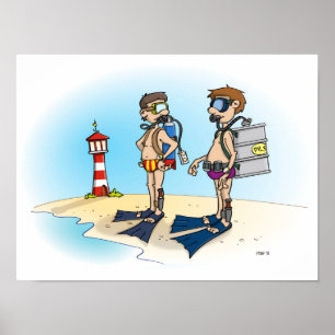 Póster Cartoon; op duikvakantie gaan.