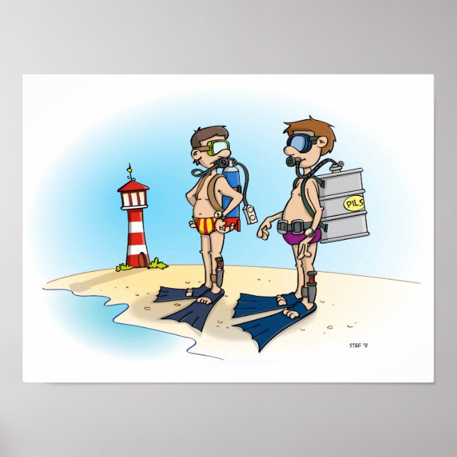Póster Cartoon; op duikvakantie gaan.  (Frente)