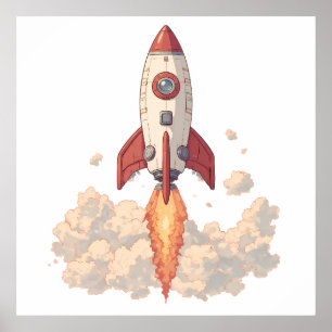 Póster Cartoon Rocket Launching with Fiery Exhaust