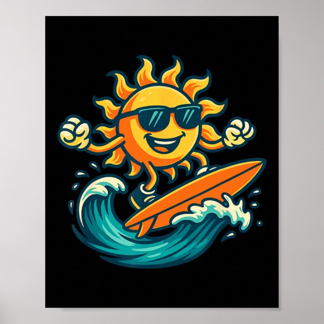 Póster Cartoon Sun Surfing Summer Beach Wave Art  (Frente)