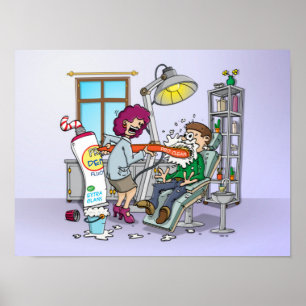 Póster Cartoon; tanden poetsen bij de mondhygiëniste.