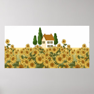 Póster Casa, árboles altos y un campo de girasoles en la