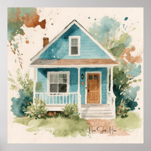 Póster Casa azul teñida Boho Acuarela 