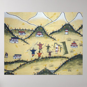 Póster Casa butanesa con pinturas de tiro con arco