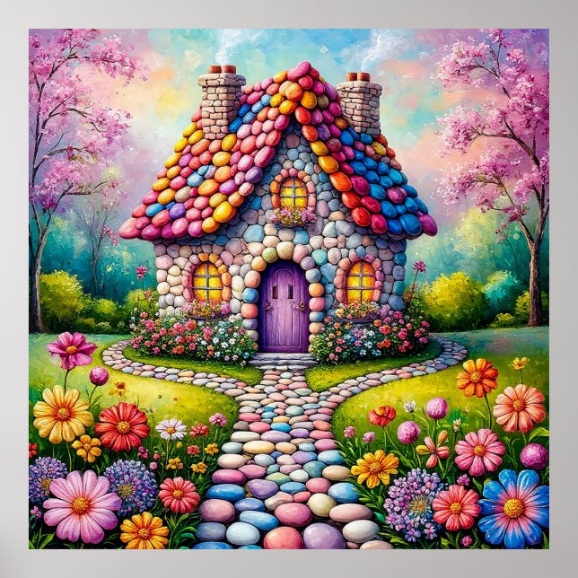 Póster Casa Caprichosa Con Jardín De Flores Vibrantes (Frente)