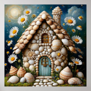 Póster Casa Caprichosa Con Jardín De Flores Vibrantes