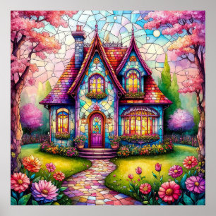 Póster Casa Caprichosa Con Jardín De Flores Vibrantes