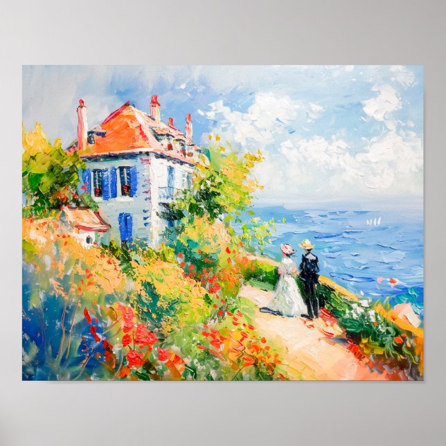 Póster Casa costera con flores Impresionista (Frente)