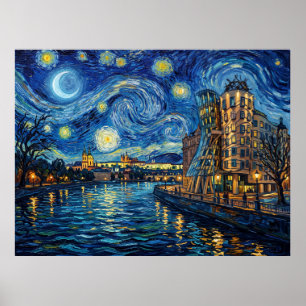 Póster Casa Danza Praga Bajo Noche Estrellada