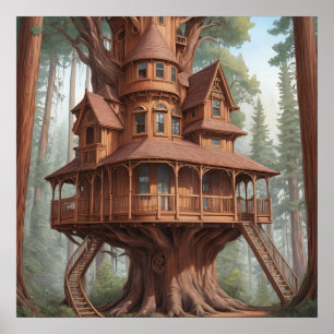 Póster Casa de árbol victoriana redonda en árbol de leña 