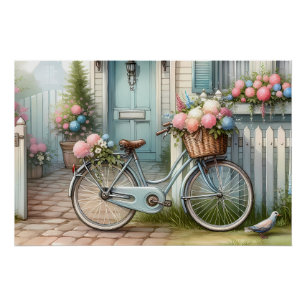 Póster Casa de campo azul con bicicleta y cesta de flores