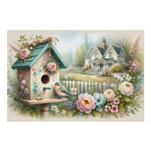 Póster Casa de campo con jardín floral