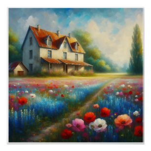 Póster Casa de campo en un campo de flores