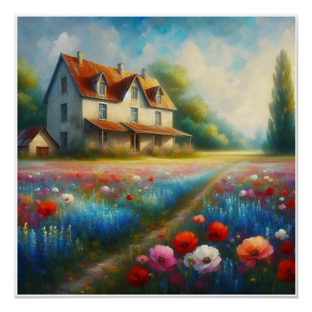 Póster Casa de campo en un campo de flores (Anverso)