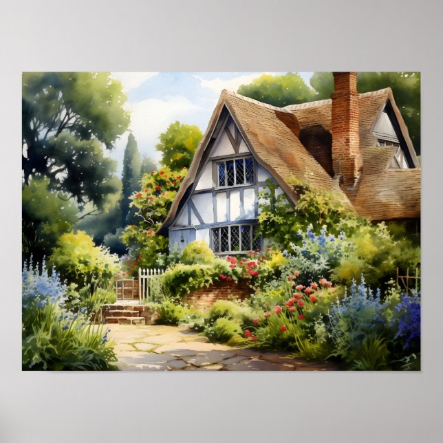 Póster Casa de campo inglesa Jardín Watercolor Art (Frente)