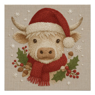 Póster Casa de campo rústica, vaca Highland con Santa Hat