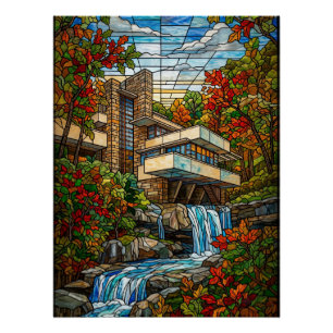 Póster Casa de Cascada de Vidrio Pintado Otoño