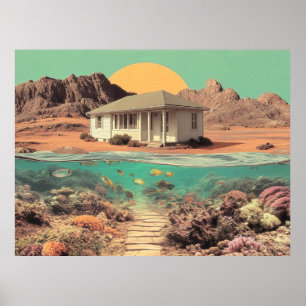 Póster Casa de Desierto Surrealista con Arrecife Submarin