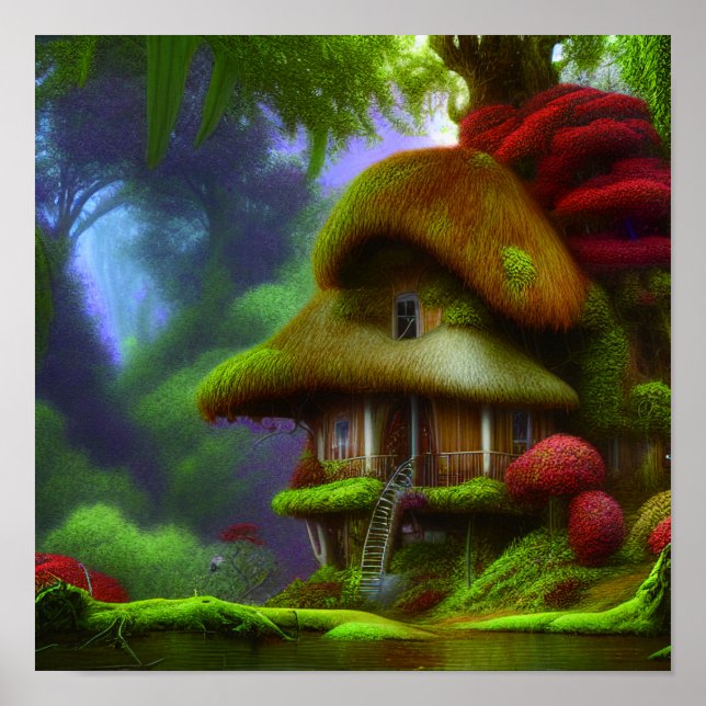 Póster Casa de fantasía en un paisaje verde, cabaña de fa (Frente)