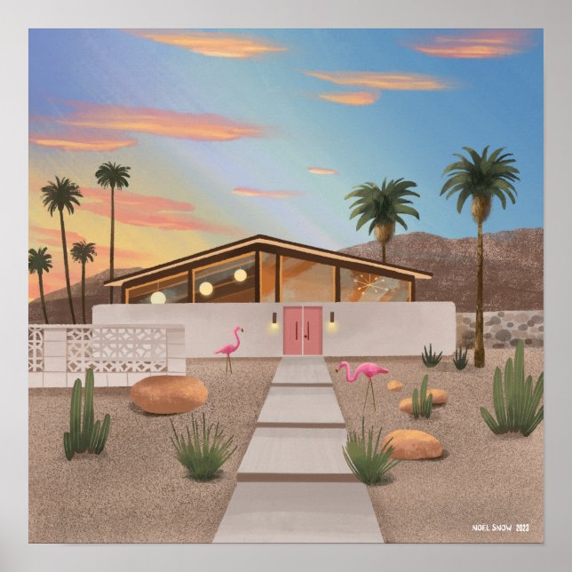 Póster Casa de Flamingo Moderna de Mediados del Siglo XX (Frente)