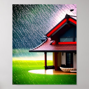 Póster casa de hada de nieve roja blanca lluvia jardín ve