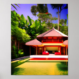 Póster casa de hadas de nieve roja blanca bambú jardín ve
